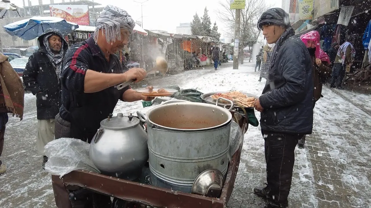 Snow day Street food In Kabul Afghanistan